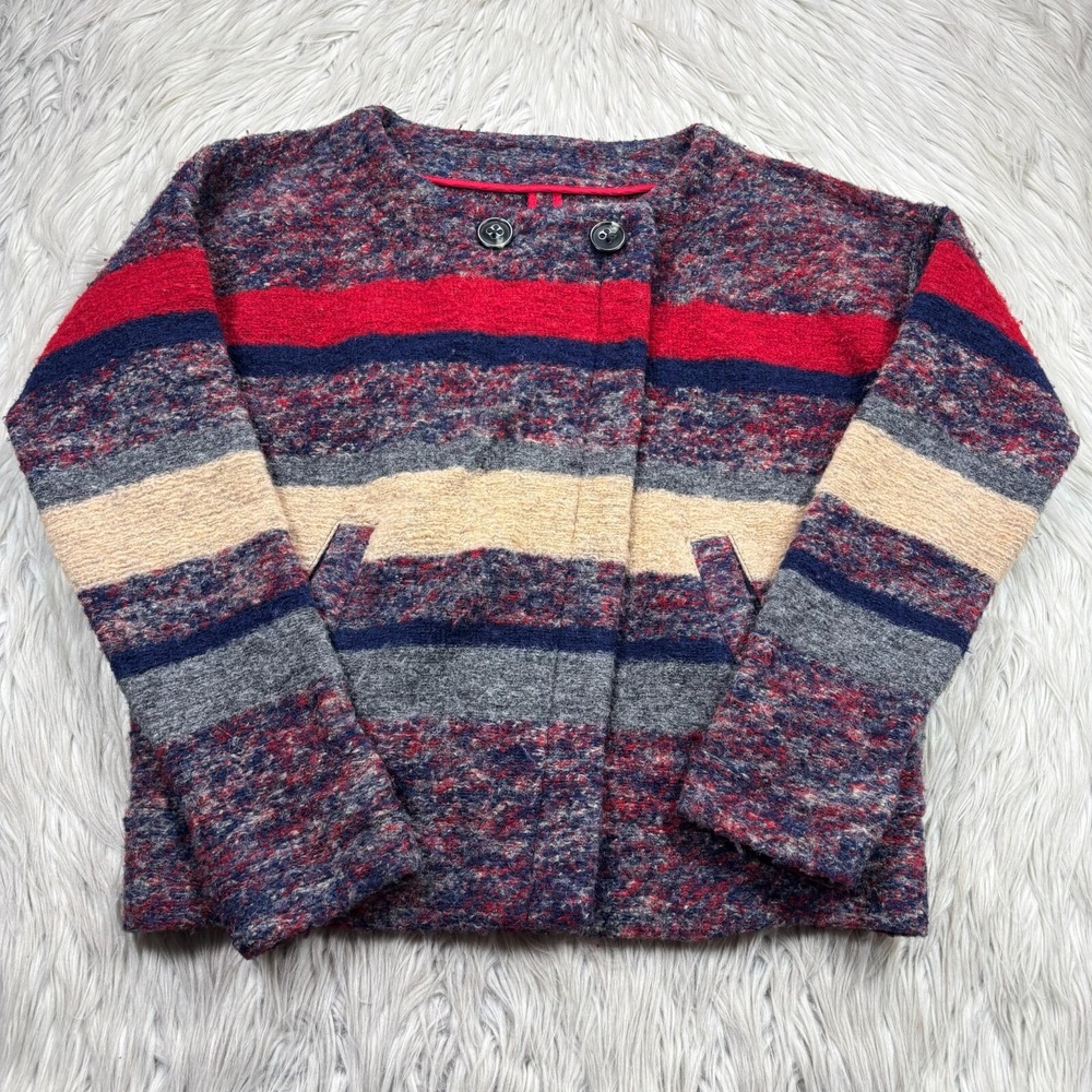 Hi-Line Women's S Striped Wool Blend Zip Front Jacket Red Blue Tan Cottagecore